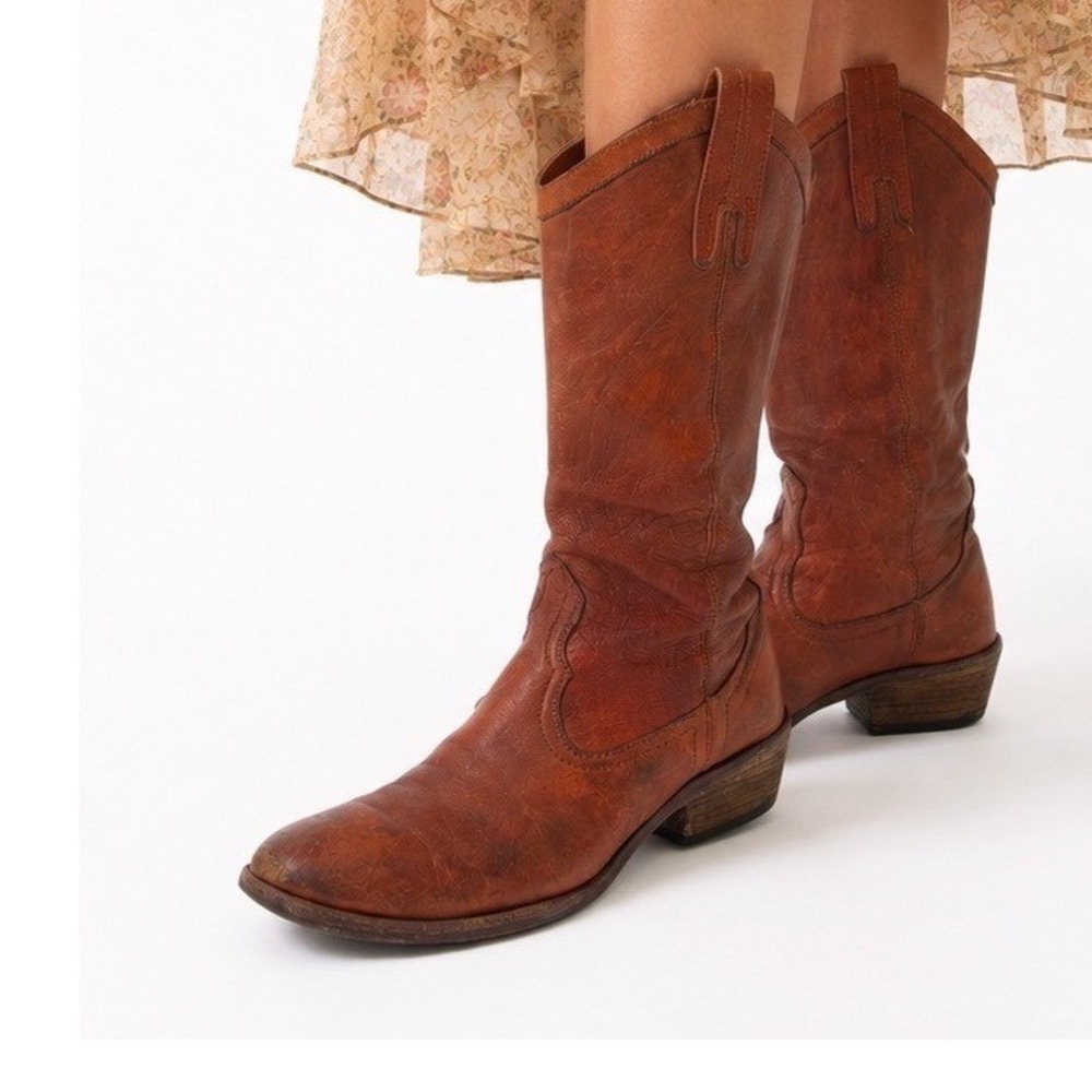 Frye Cognac Brown Leather Western Cowboy Boots Almond Toe Mid Calf Distressed